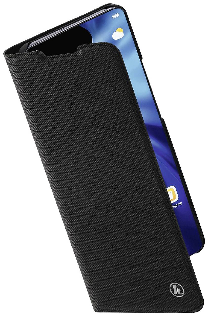 A black smartphone case is partially open, revealing a smartphone with a blue background image and app icons.