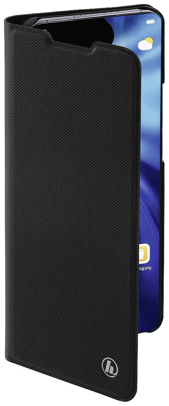 Black mobile phone flip case opens, revealing a smartphone with a blue user interface on the screen.