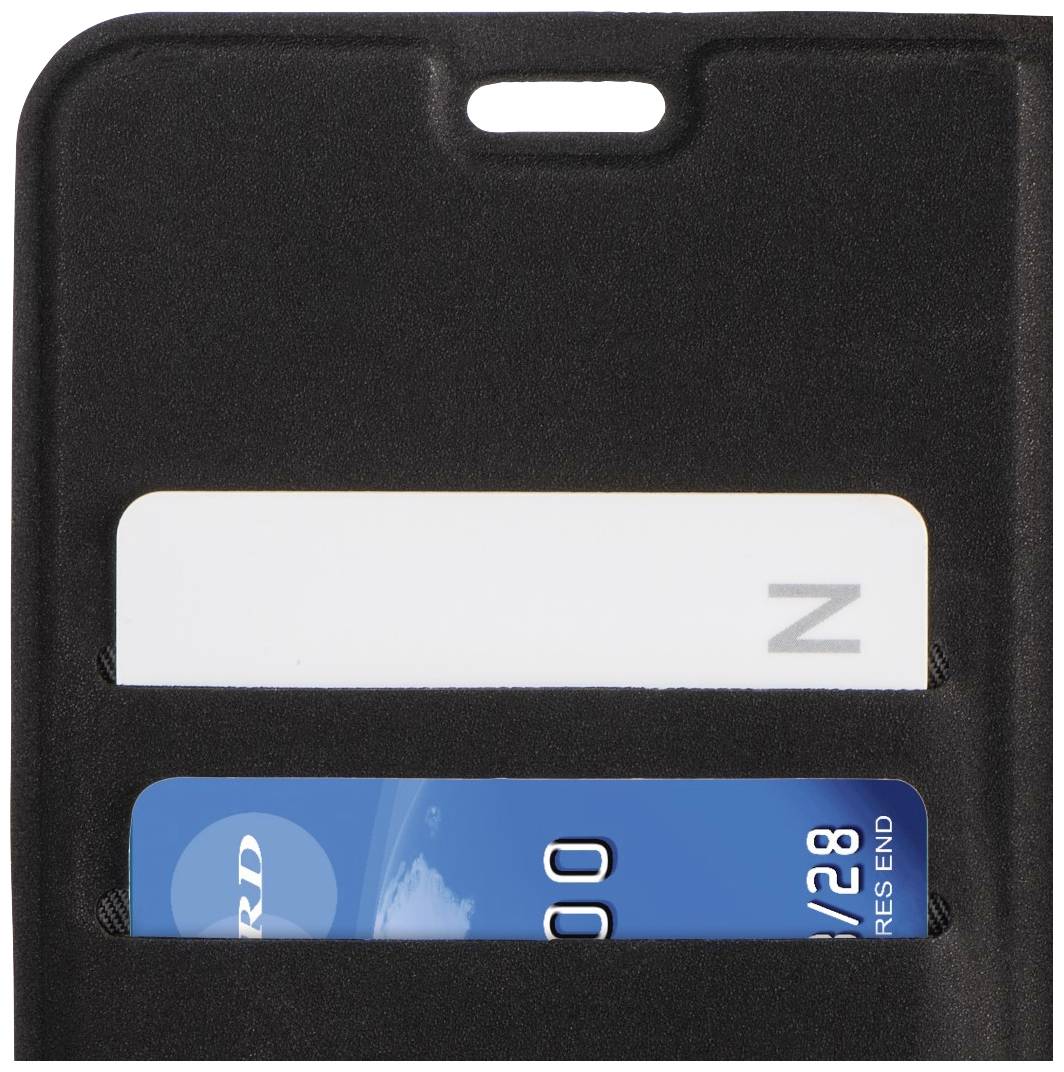 A black card holder contains two cards. On top is a white card, underneath which is a blue credit card with partially visible numbers.