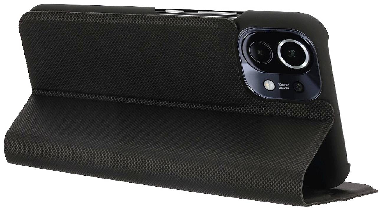 Black smartphone in a foldable case, rear view. Camera lenses visible. Case provides protection and stand functionality.