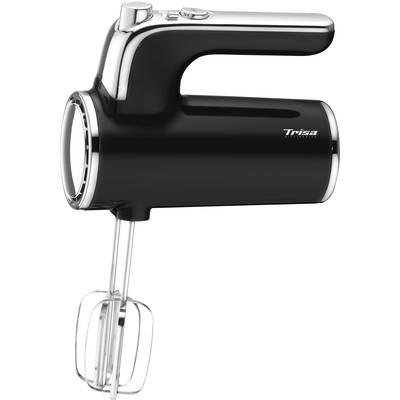 Black electric hand mixer with two metal whisks, ergonomic handle, and silver details.