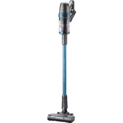 Cordless, blue stick vacuum cleaner with grey accents and a transparent dust container, standing upright, with no visible accessories.