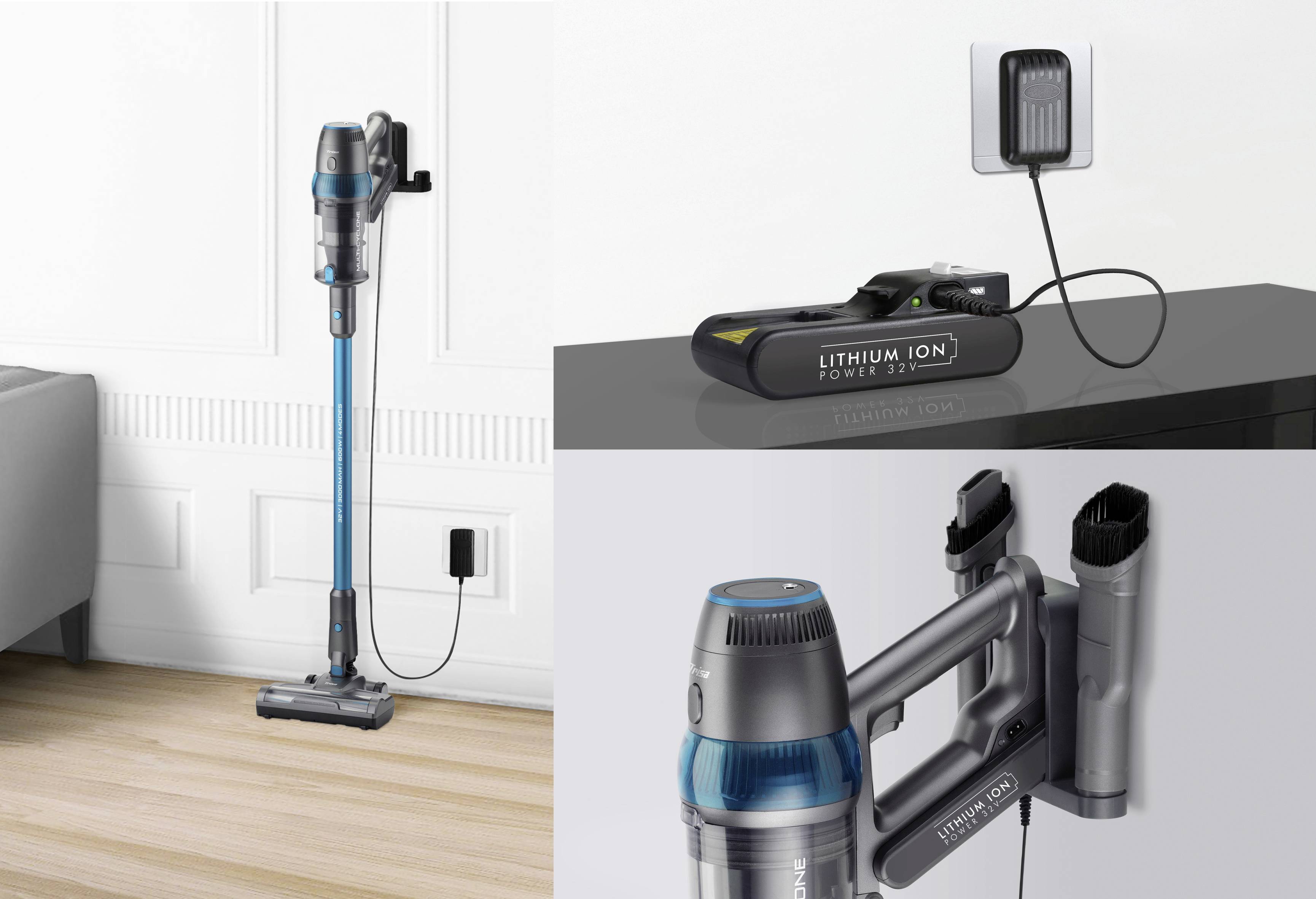 Cordless blue vacuum cleaner mounted on a wall bracket and being charged. Two accessories and a separate battery are visible.