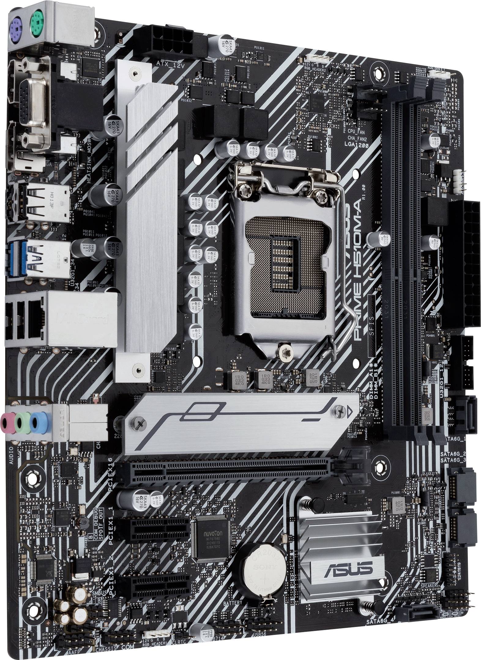 A computer motherboard with black and silver details, multiple slots and connectors for processor, RAM, and peripheral devices.