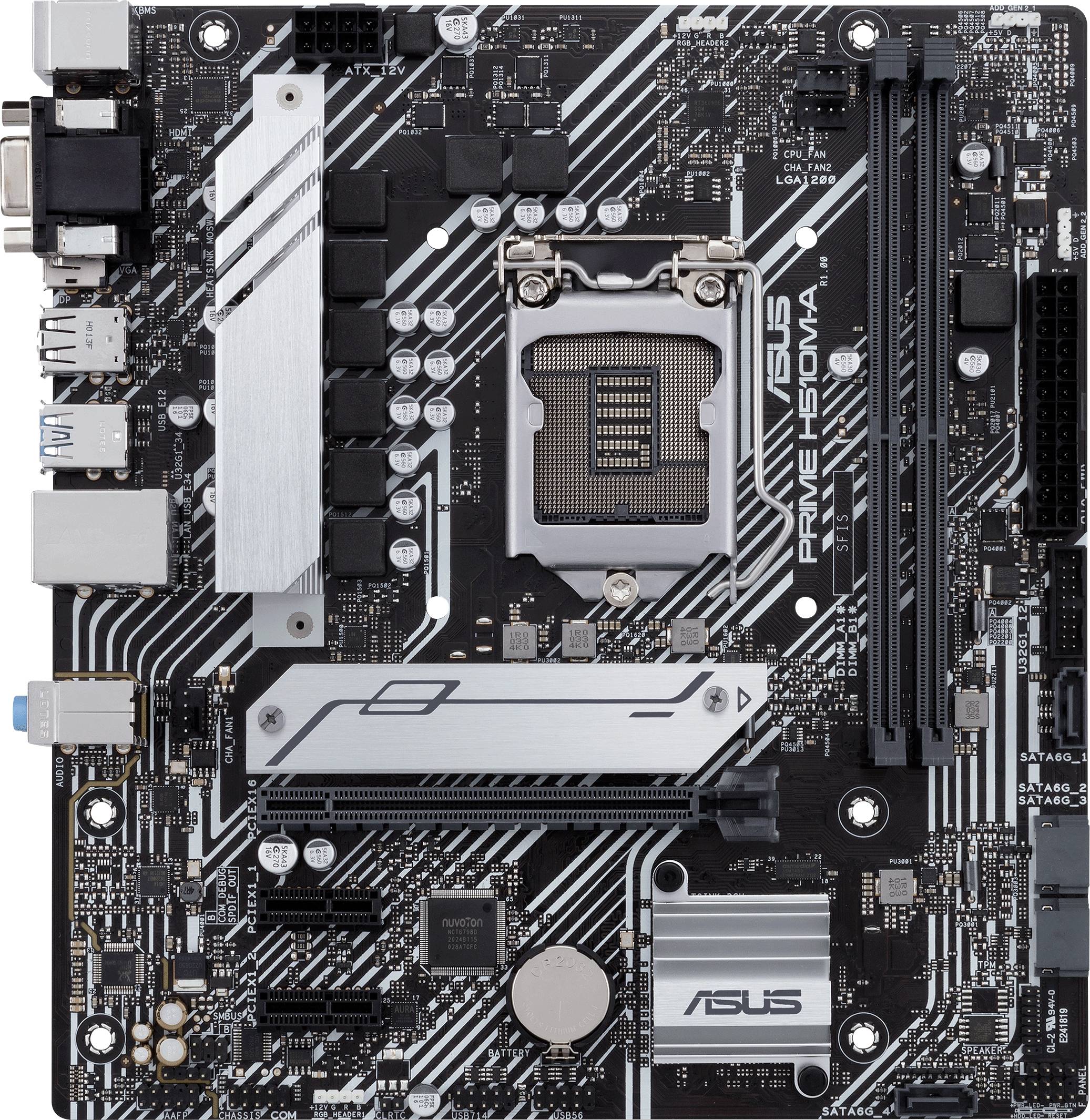 A computer motherboard with various ports and components, including a CPU socket, RAM slots, and PCIe slots.