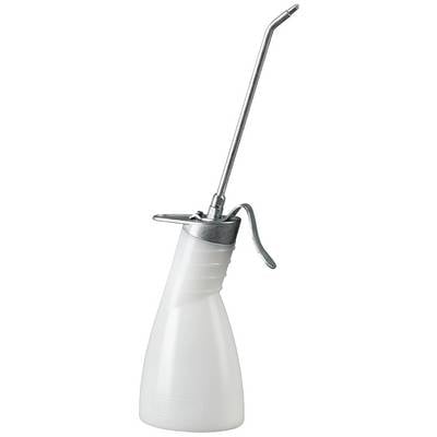 A white oil can with a long metal spout and lever handle, suitable for lubricating hard-to-reach areas.