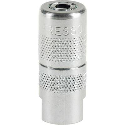 Metallic quick-release coupling, cylindrical shape, with ribbed surface.