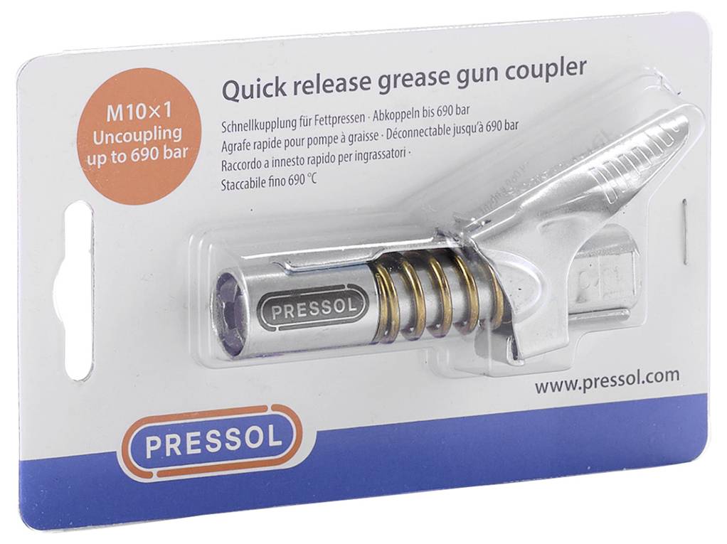 'Quick-release coupling for grease guns, suitable up to 690 bar. Easy to disconnect. Brand: Pressol.'