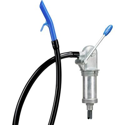Hand pump with a blue handle and black hose, suitable for transferring liquids or lubricants from barrels.