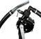 Manual hand pump with a black housing and silver handle, connected to two hoses.