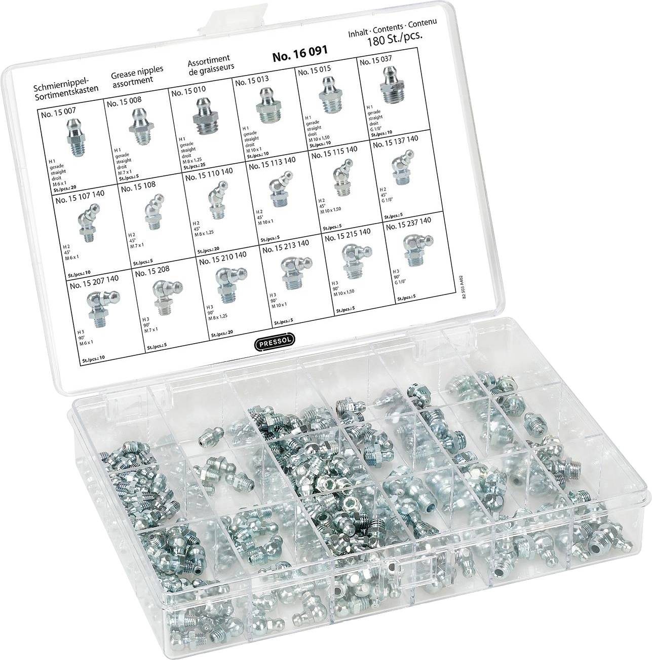 Range of 180 grease nipples in various sizes in a transparent plastic box. Size chart on the lid.