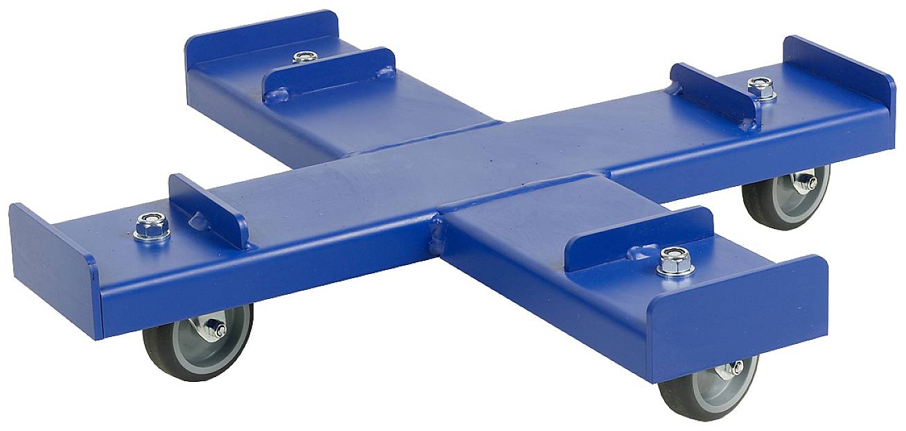 Blue four-wheeled trolley with a cross-shaped design, used for transporting heavy items.