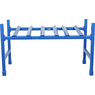 Blue saw horse with six sturdy metal struts to support wood when sawing; suitable for use in workshops.