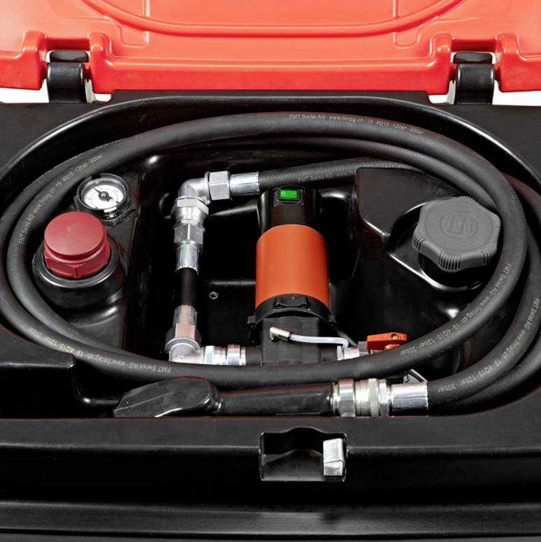 Interior view of a tank with connected hoses, an indicator lamp and a large closure. The housing is red and black.