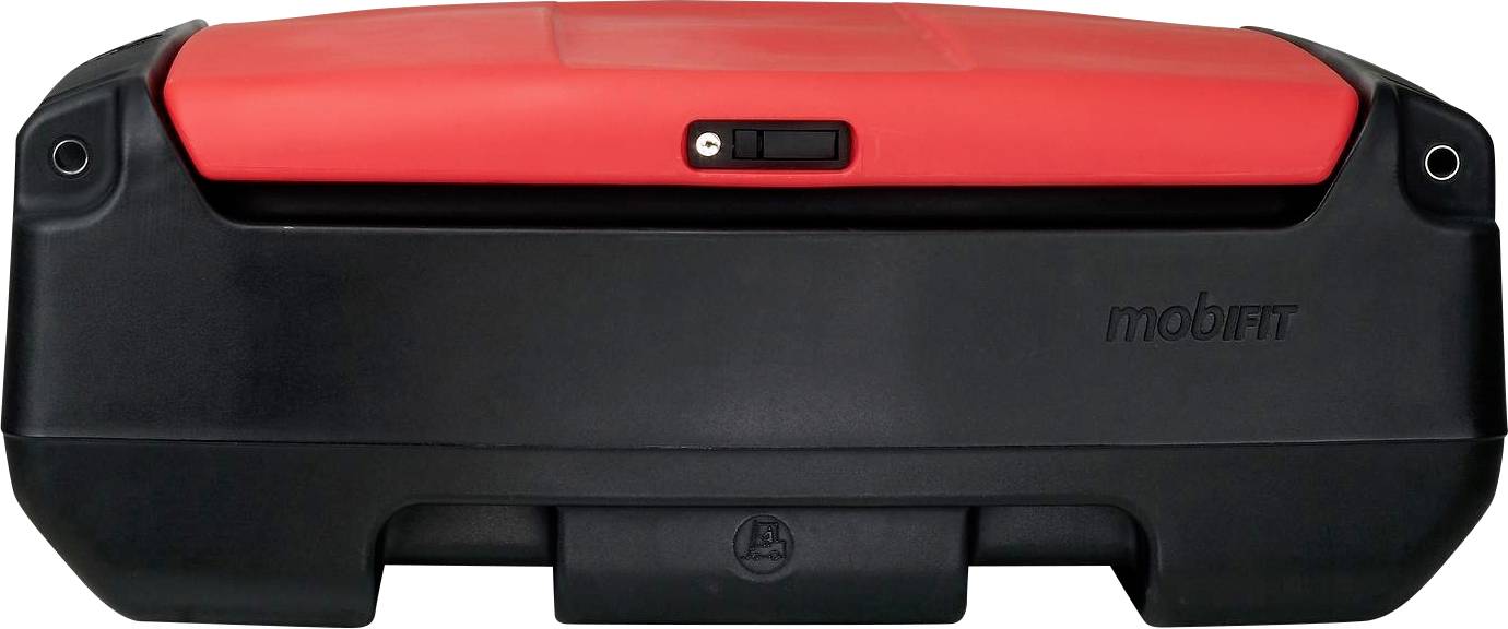 Red and black mobile mini fridge, rectangular with rounded edges, compact and portable for outdoor activities.