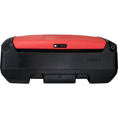 Red and black mobile mini fridge, rectangular with rounded edges, compact and portable for outdoor activities.