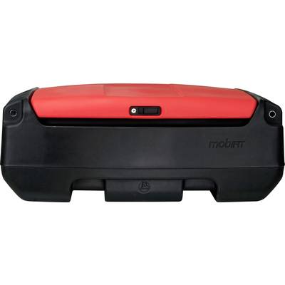 Black and red electronic device with a button on the top.