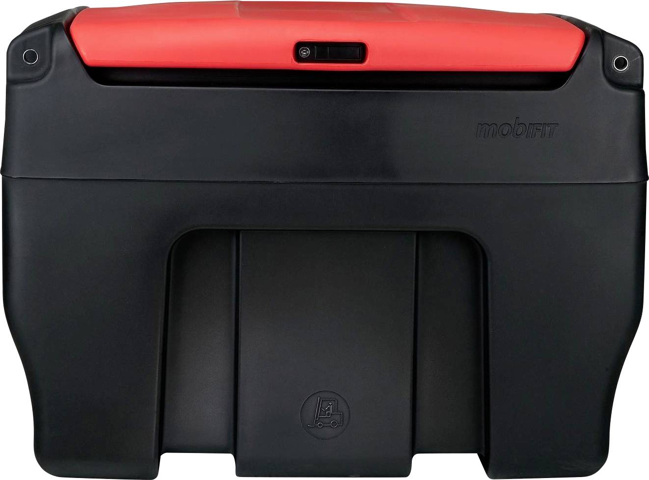 A black mobile paper shredder with a red handle and a switch in the middle.