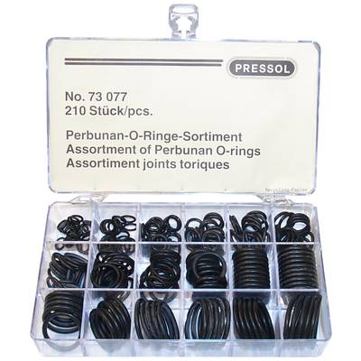 An open plastic storage box with compartments containing various black O-rings. Label: 'Assortment of Perbunan O-rings, 210 pieces'.