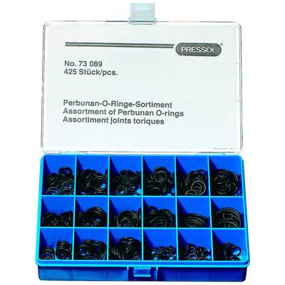 An open box containing various black O-rings in compartments, labelled 'Perbunan O-ring Assortment' and '425 pieces/pcs'.