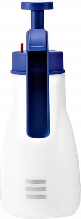 White spray bottle with blue handle and trigger, suitable for cleaning or gardening tasks.