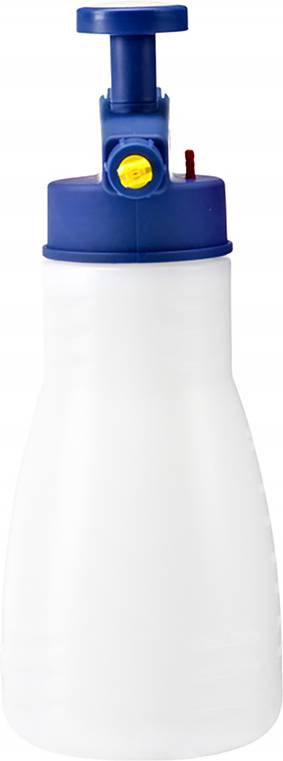 A white spray container with a blue spray nozzle and yellow button, suitable for gardening or cleaning purposes.