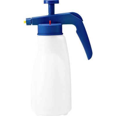 A white pump spray bottle with a blue handle and cap, suitable for cleaning or gardening.