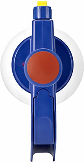 A blue, round toy with a red button in the centre, side view, possibly a type of handheld device.