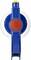 A blue, round toy with a red button in the centre, side view, possibly a type of handheld device.