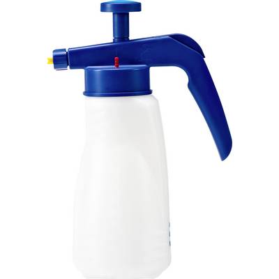 A blue and white spray bottle with a hand pump, used for spraying liquids.