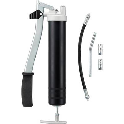 Hand grease gun with a long, black cylinder, lever handle, flexible hose and two metal attachments, for lubrication purposes.