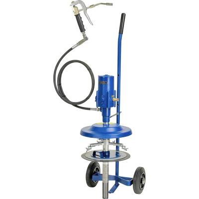 Blue high-pressure grease lubricator on wheels with long black hose and hand gun.