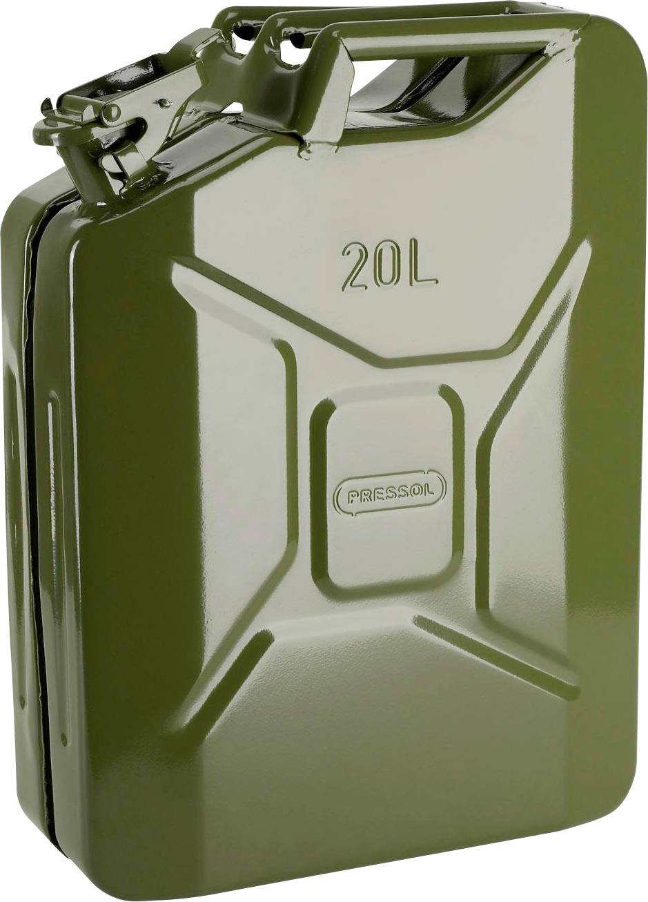 Green metal jerry can with '20L' marking, suitable for storing liquids such as fuel. Fitted with a carrying handle at the top.