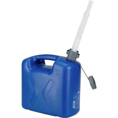 A blue 10-litre petrol jerry can with a flexible spout and integrated handle. The container is standing upright.