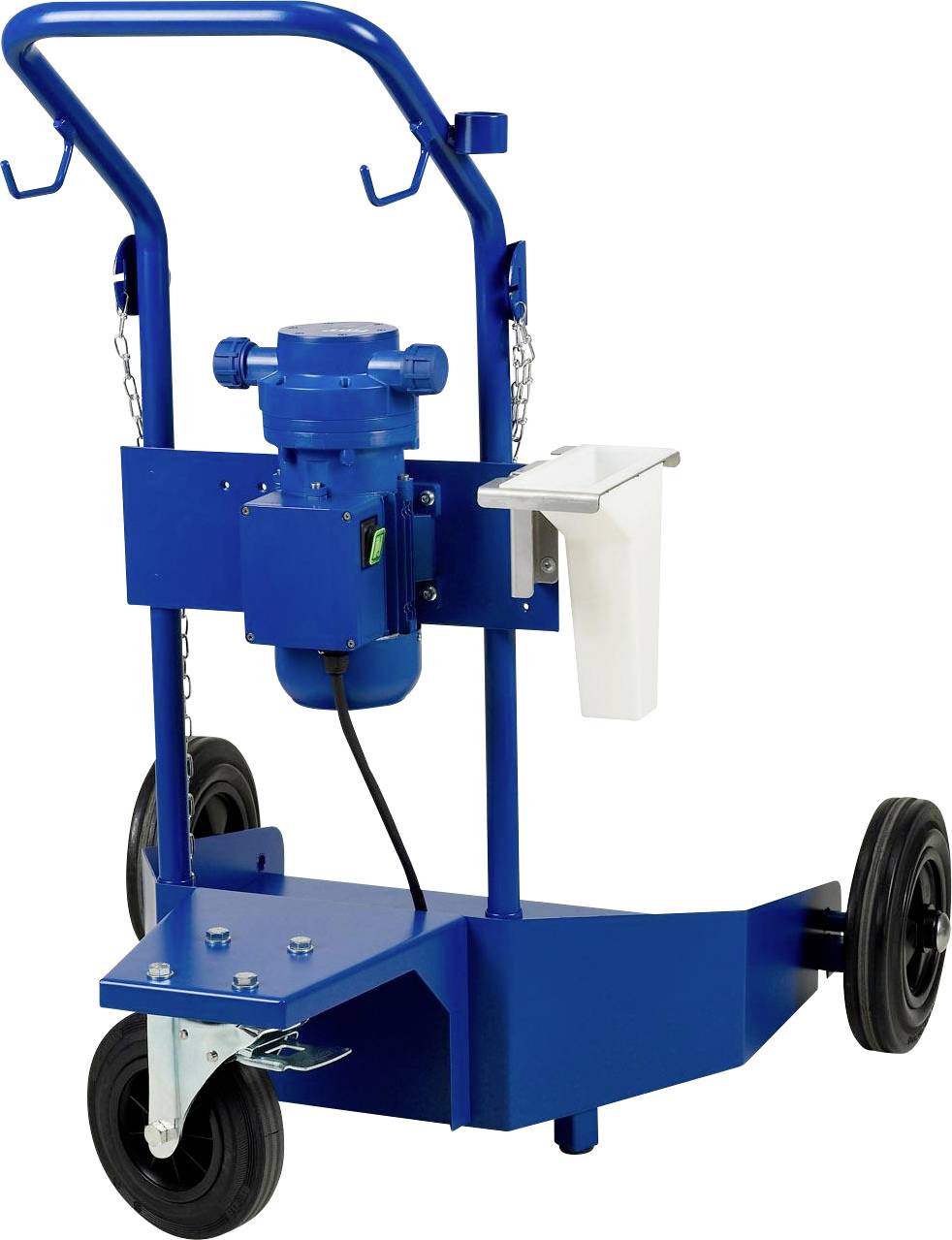 Blue, mobile concrete mixer with two wheels and a handle, suitable for construction projects or home projects.