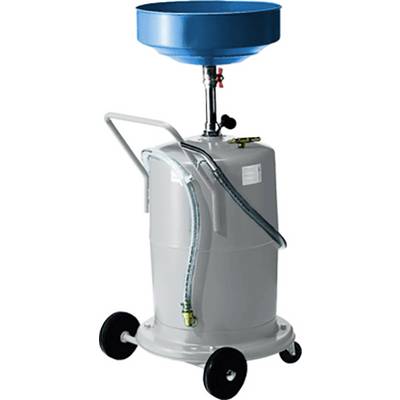 Oil collection trolley with blue funnel and wheels. Used in workshops for collecting waste oil.
