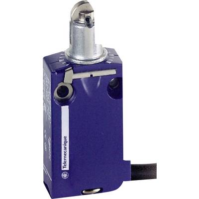 Blue end switch with silver lever, brand name 'Telemecanique', visible on the side. Cable connection present at the bottom.