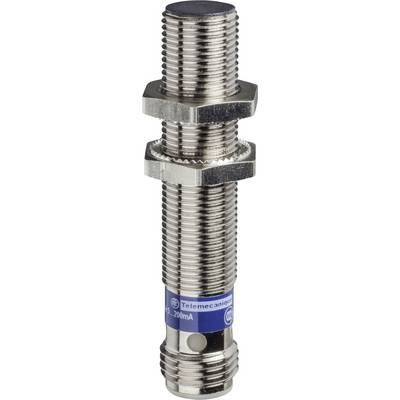 Cylindrical, silver industrial sensor with threaded body, blue details and 'Telemecanique' brand logo.