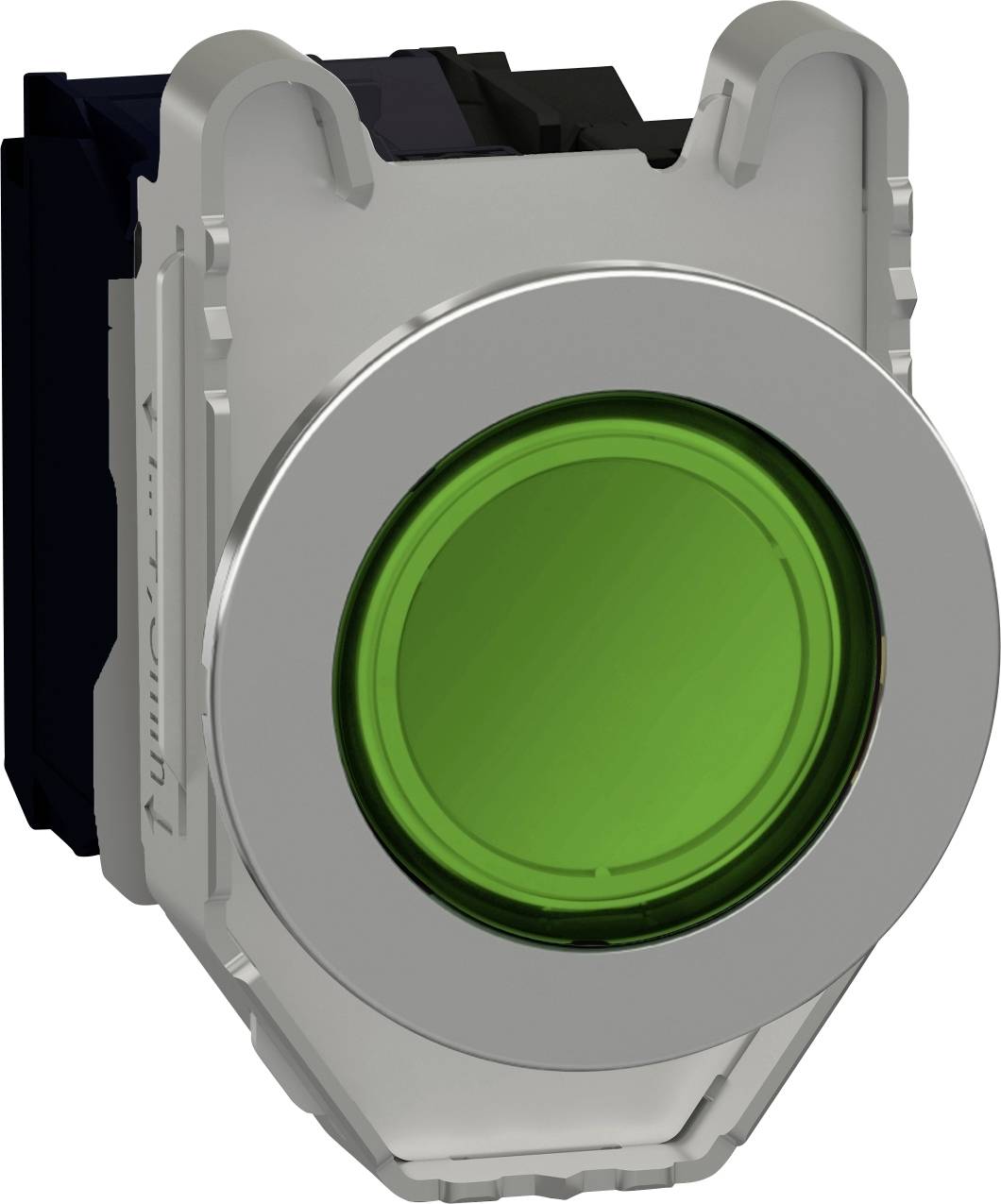 Green push button in a silver housing, likely part of an electrical switch or control device.