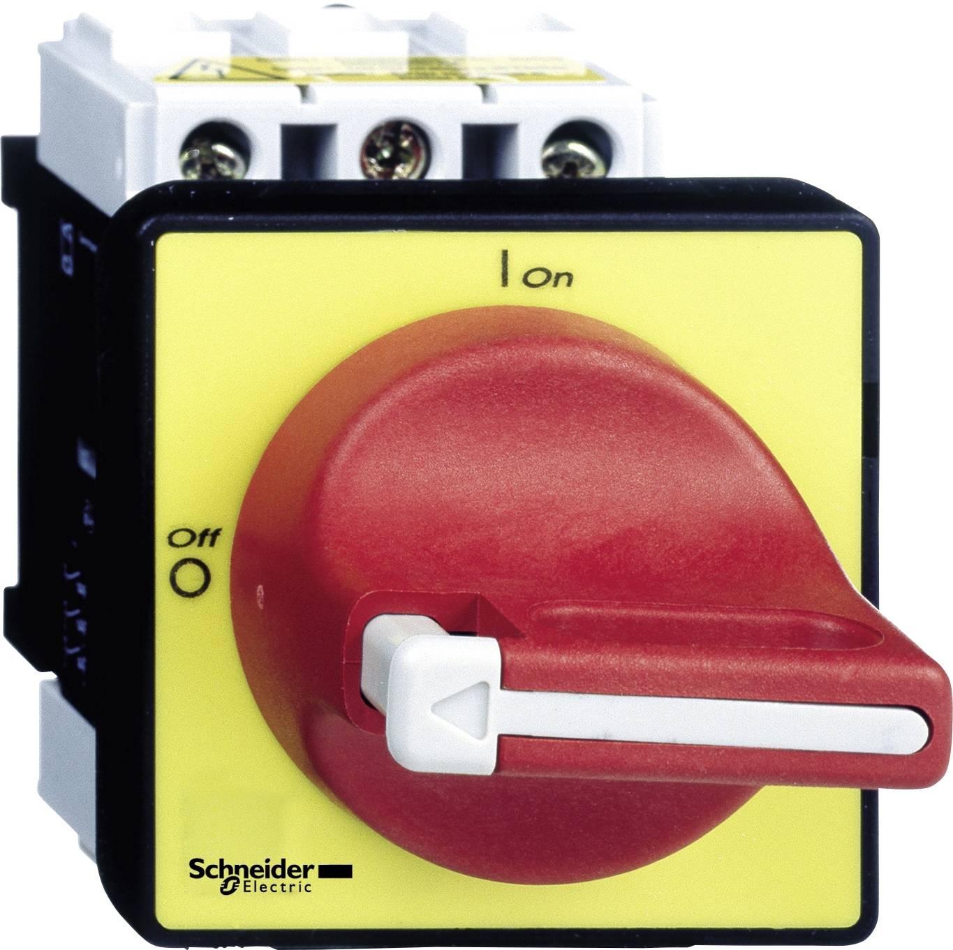 A three-phase load break switch by Schneider Electric with a red rotary knob for operation and yellow background, marked with 'On' and 'Off'.