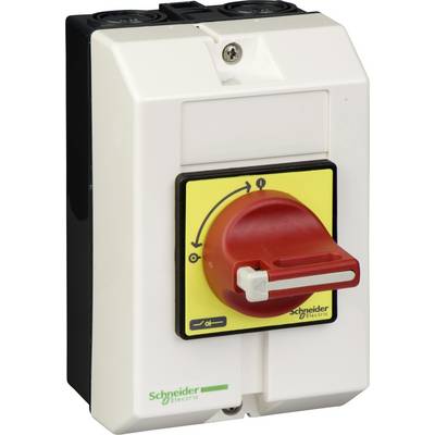 'Schneider Electric load isolation switch in red and yellow, showing the on-off mechanism at the front.'