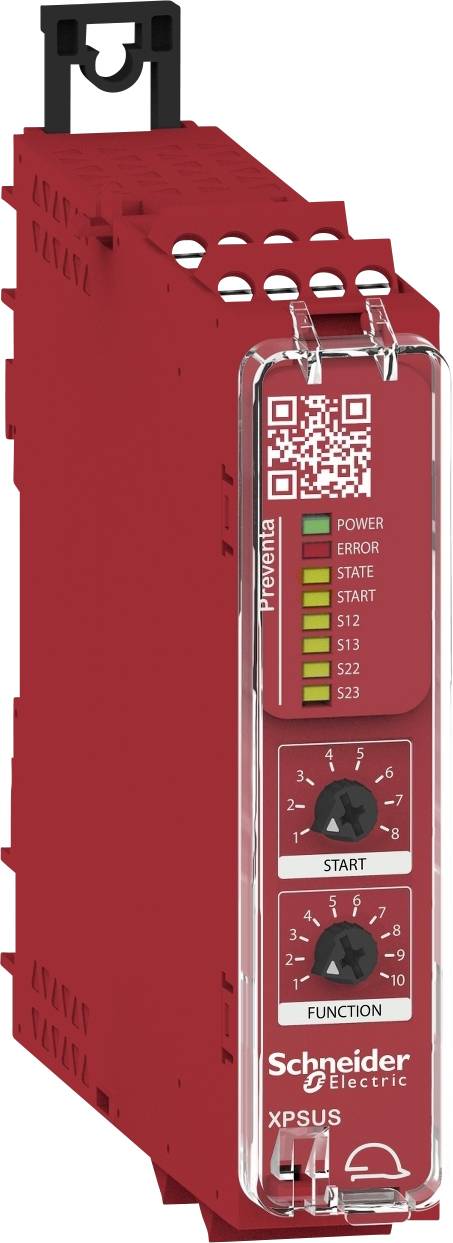 A red electronic device from Schneider Electric with buttons and LED indicators for power, fault, status, and start functions.