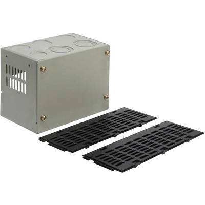 Metal casing with ventilation slots and screws, alongside two black mesh grilles.