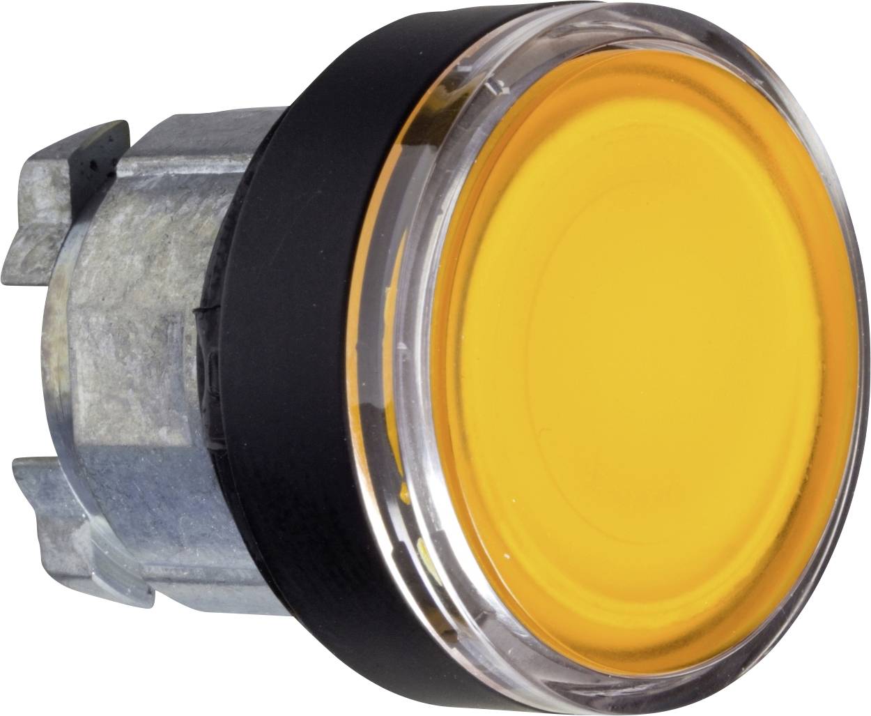 Rounded, luminous yellow button in a metallic housing, likely a signal or control element, against a neutral background.