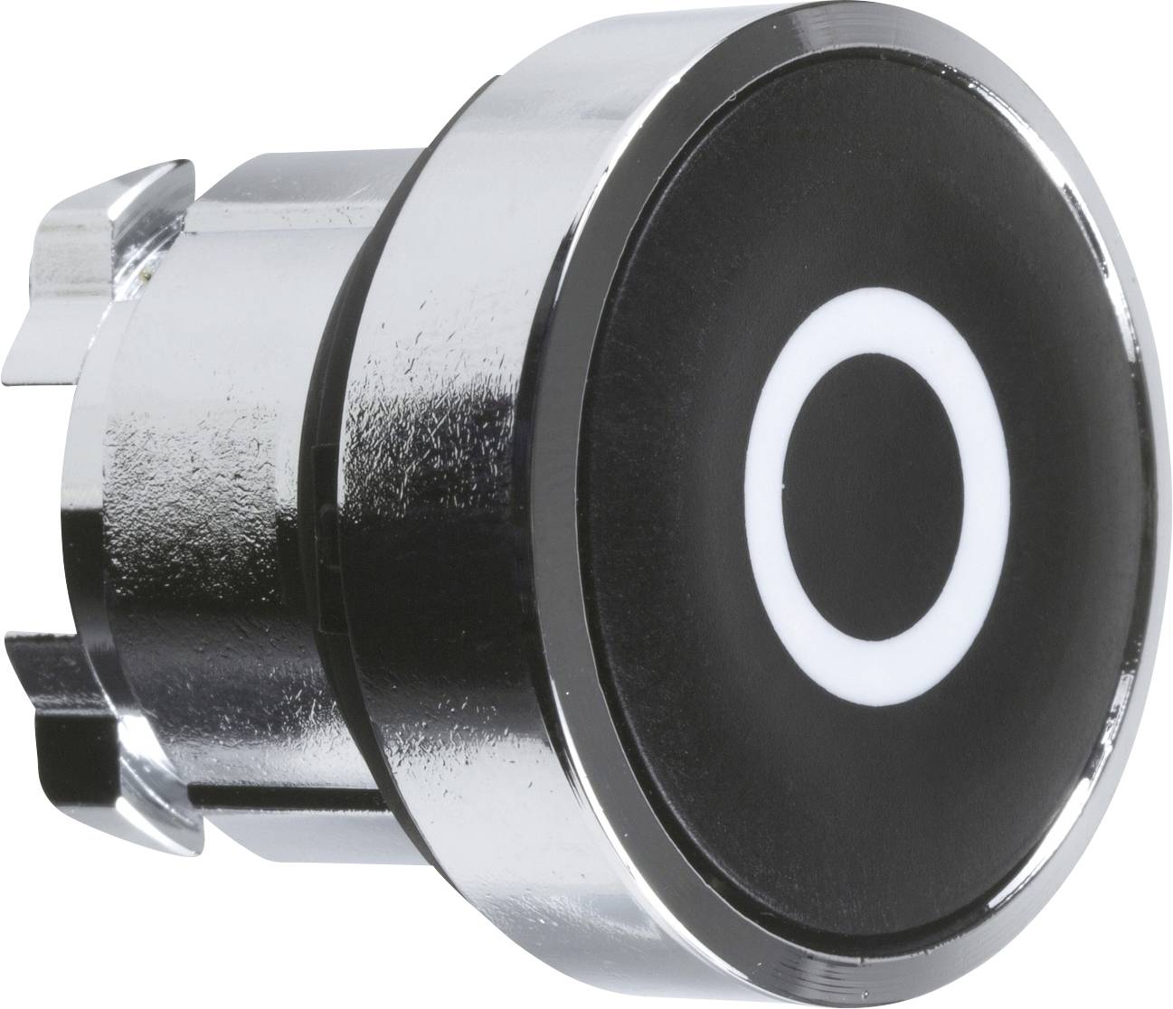 Black push button with silver rim and circular symbol in the centre. Used for controlling electrical devices.