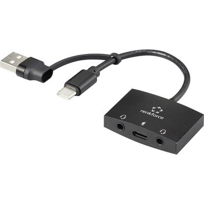 Adapter with USB and USB-C plugs on one side, and two audio ports and a USB-C port on the other. Suitable for audio connections.