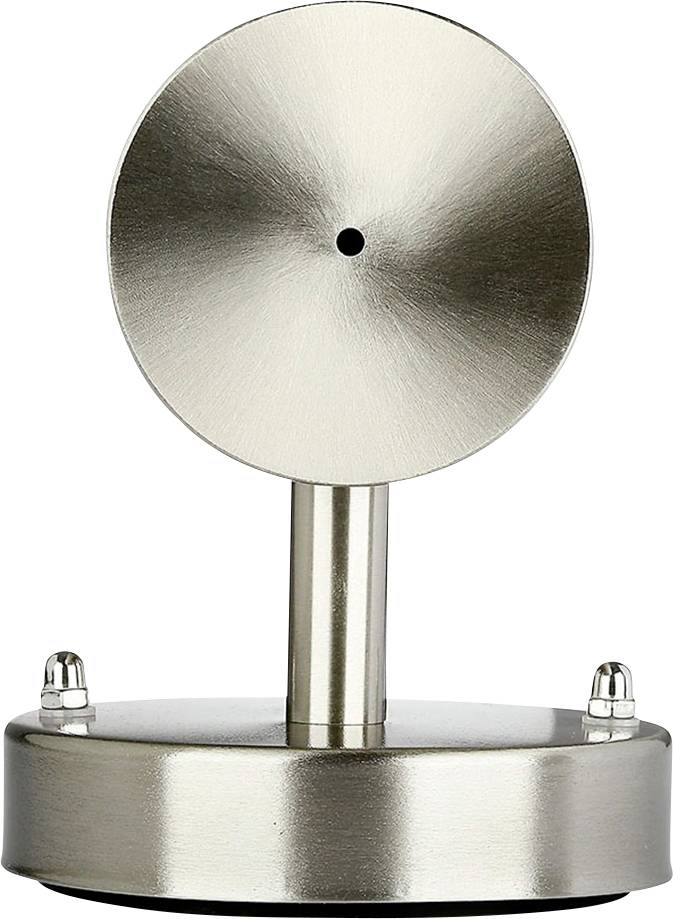 A round, metallic door stop with a circular magnetic head on a cylindrical base, gleaming silver in the light.