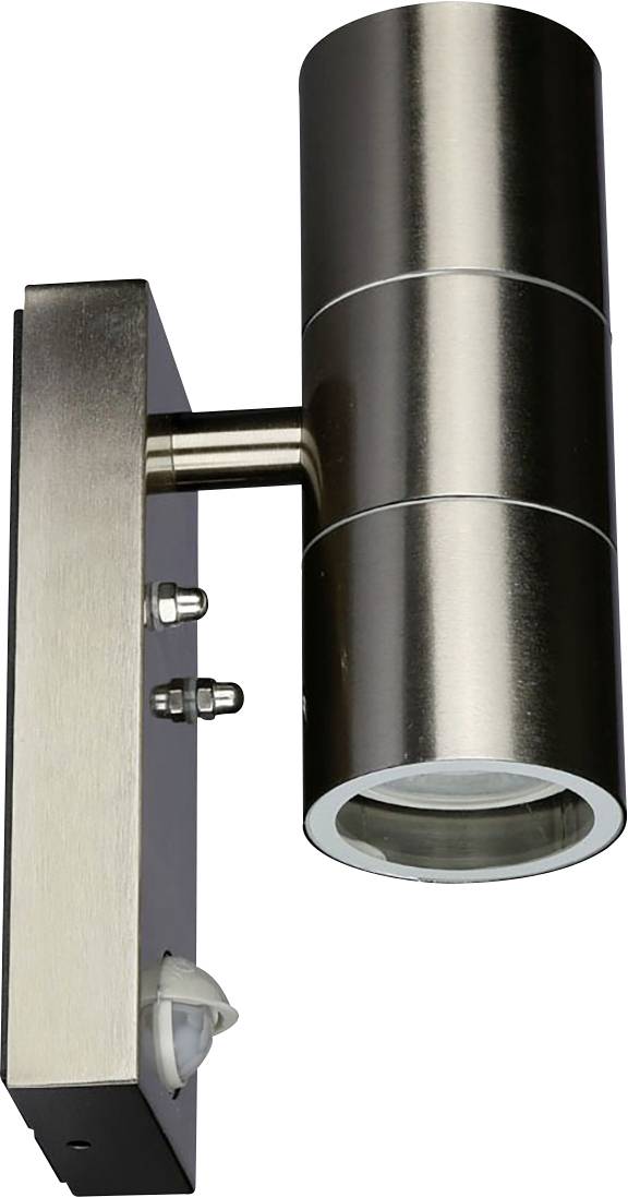 Wall light with a modern, cylindrical design in metallic finish, for illuminating outdoor areas, with adjustable lamp head.