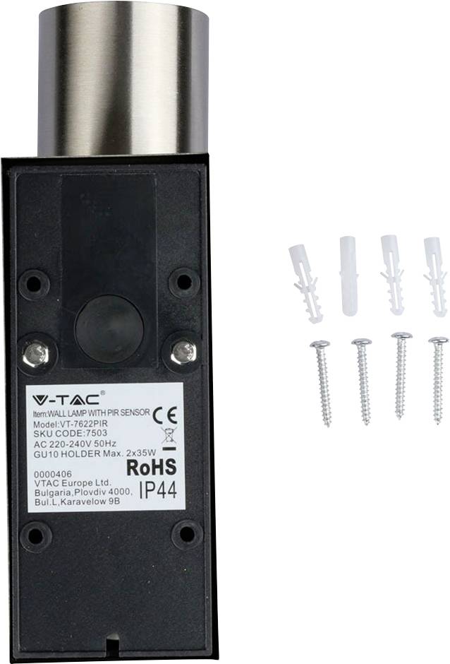 A black wall light with a sensor on the back, including screws and wall plugs for mounting. Brand and product information are visible.