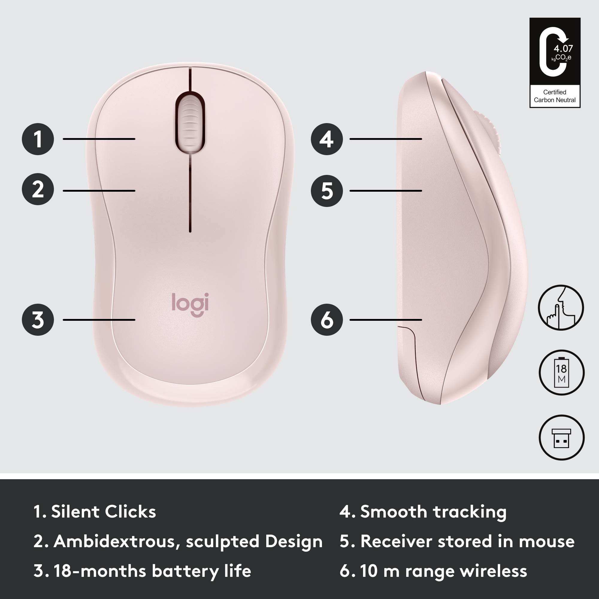 Logitech M220 Silent Mouse Radio Optical Pink 3 Buttons 1000 dpi-7